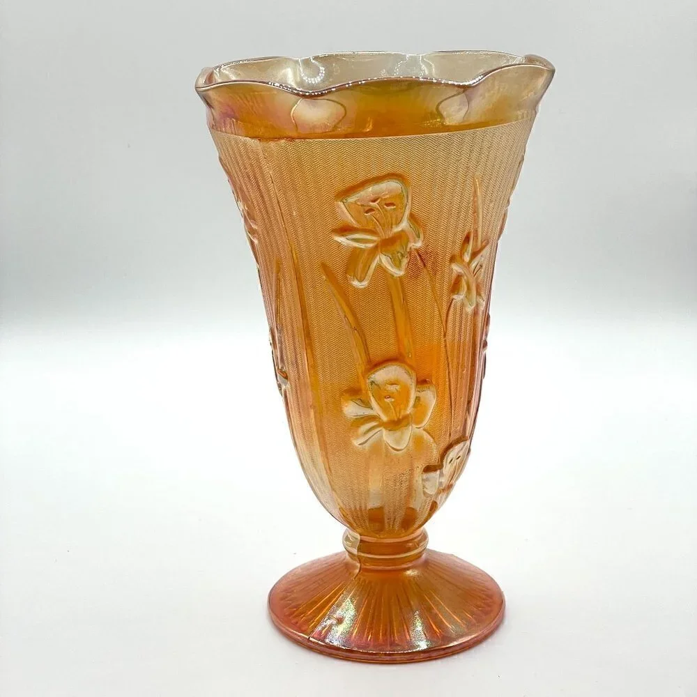 Vintage Jeanette Marigold Carnival Glass Iris Herringbone Footed Vase 9